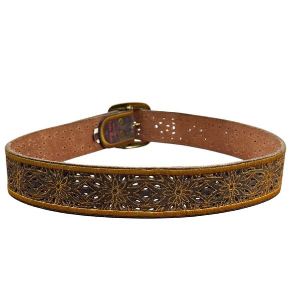 Lucky Brand Wide Belt Leather Embroidered Cutout SZ M Womens Brown Western Boho - Picture 10 of 11